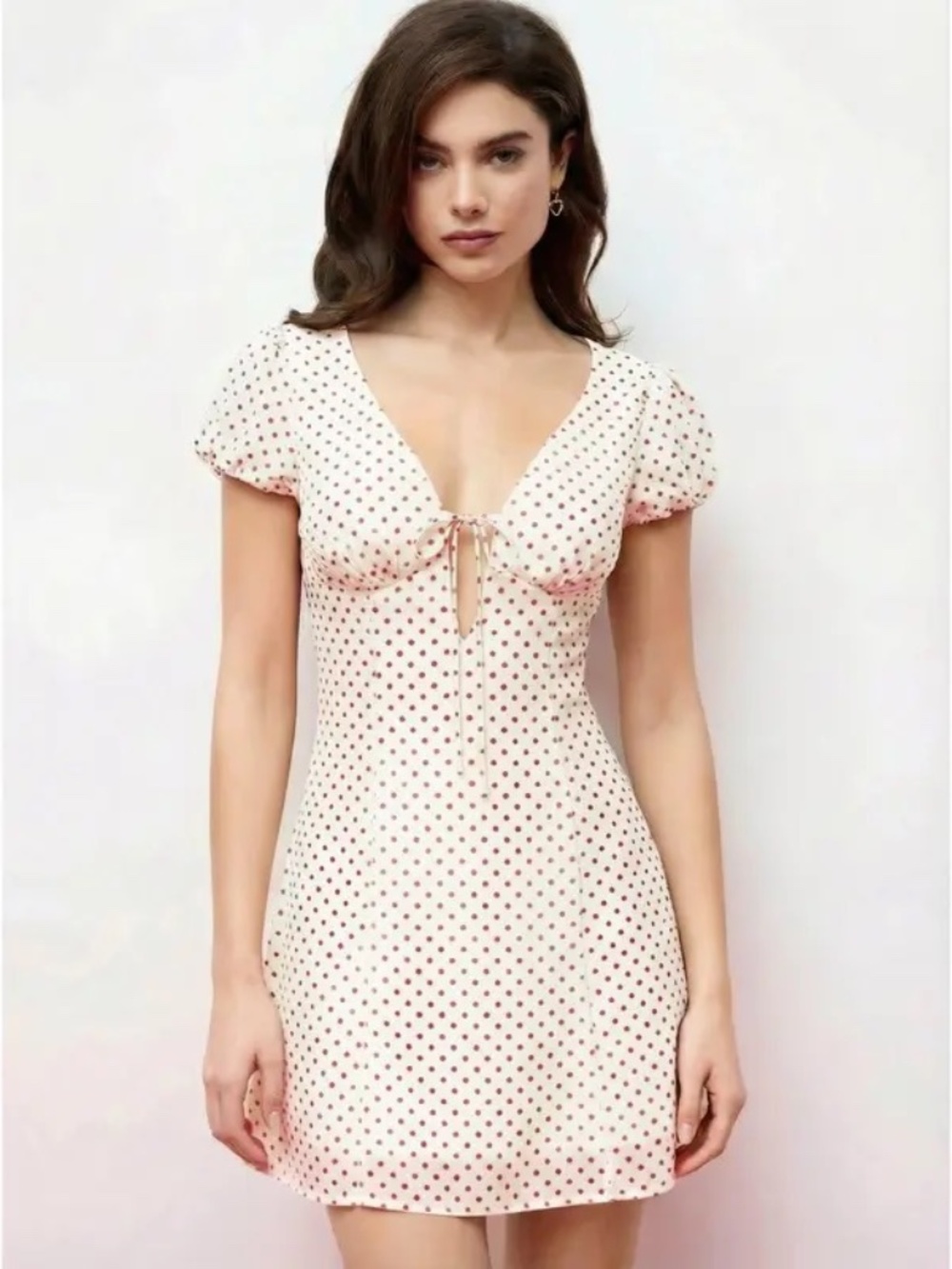 Polka Dot Mini Dress Women’s XL Cream Red Puff Sleeve Tie Front NWT.CIDER